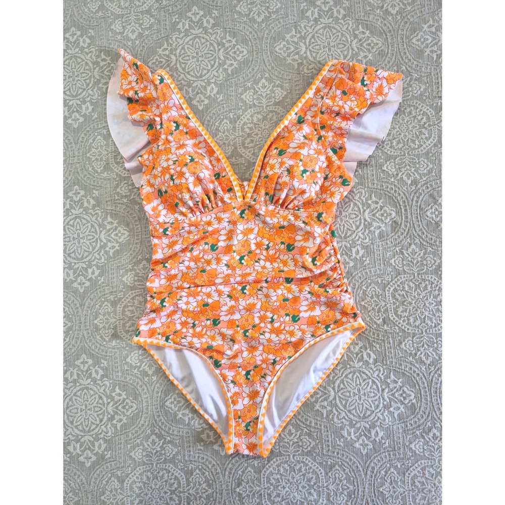 Aidonger Orange Floral Ruffle One Piece Swimsuit‎ Womens Large V-Neck Ruched
